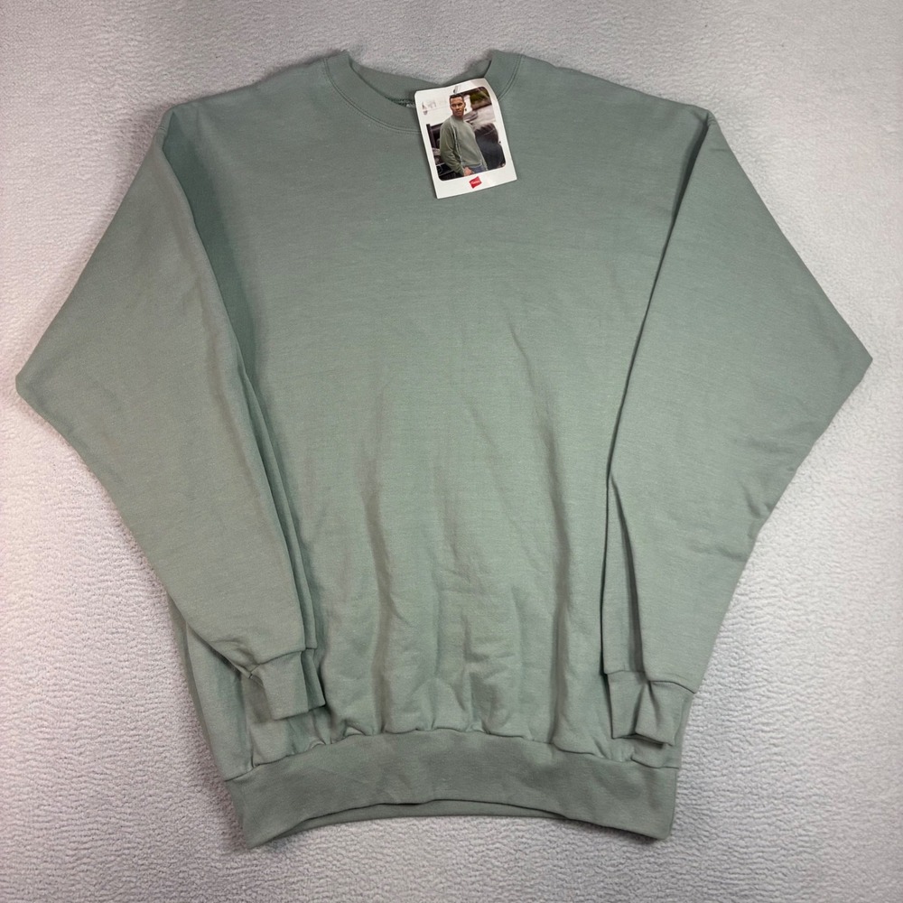 Vintage Hanes Crewneck Sweatshirt Men L Green Blank Fleece Pullover Y2K NWT